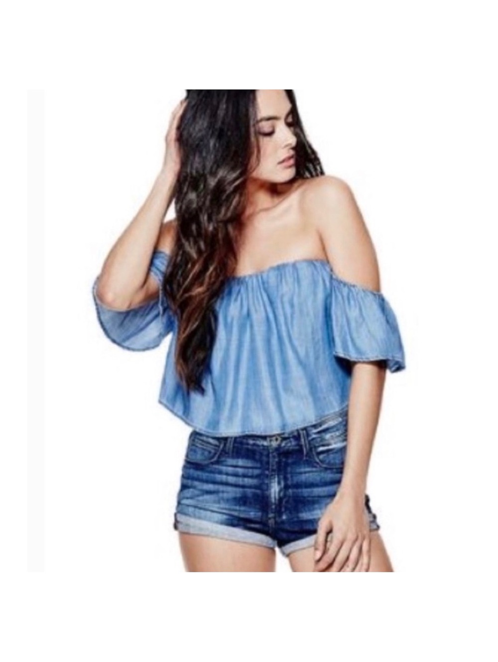 Guess Chambray Blouse Top Womens Large Denim Cottage Coquette Coastal Boho EUC
